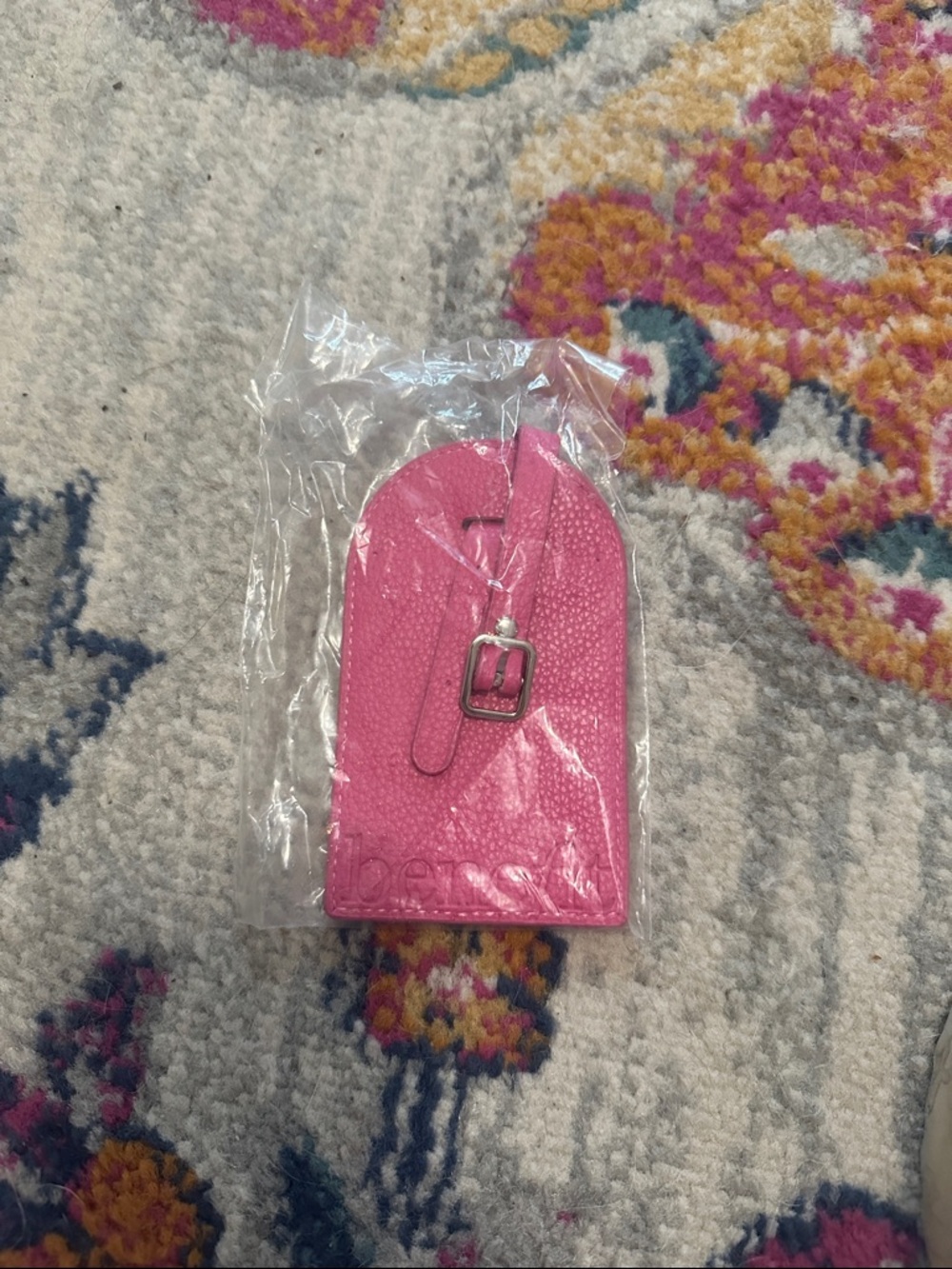 Hot Pink Benefit Leather Luggage Tag with Buckle Accent